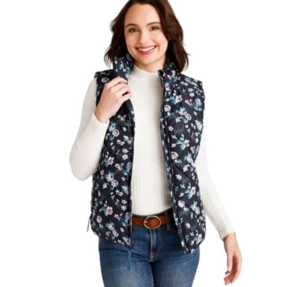 Vera Bradley Puffer Vest Sleeveless Coat Navy Garden Full Zip Fleece Lined 3XL
